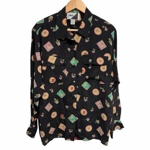 Jennifer L Vintage 100% Silk Black Floral Postage Stamp Floral Blouse Shirt